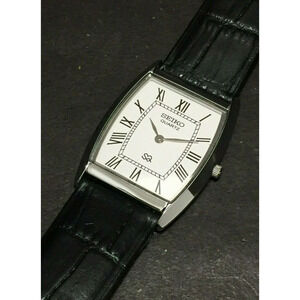 Vintage Style Seiko Quartz Mens Silver Watch & White accents W/ Leather Strap